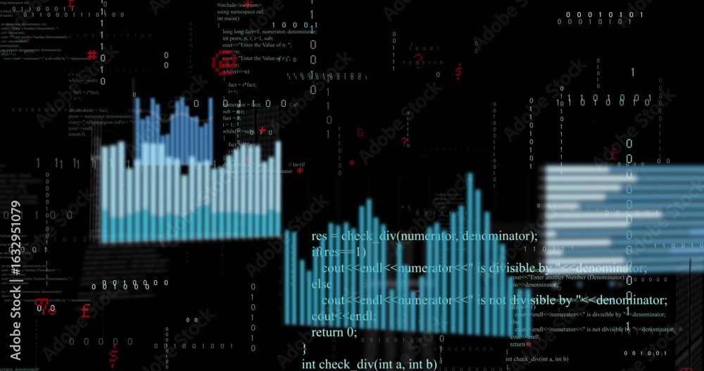 Poster displaying blue bar chart clusters across dark dashboard, with c++ code, binary and red accents