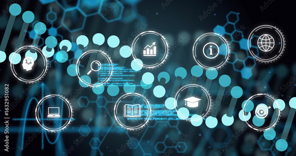 Poster displaying horizontal dna helix in digital interface, with nine science and tech icons