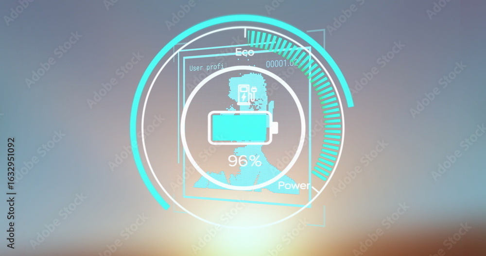 Poster displaying ui showing battery icon at 96% on backdrop with profile silhouette and progress rings