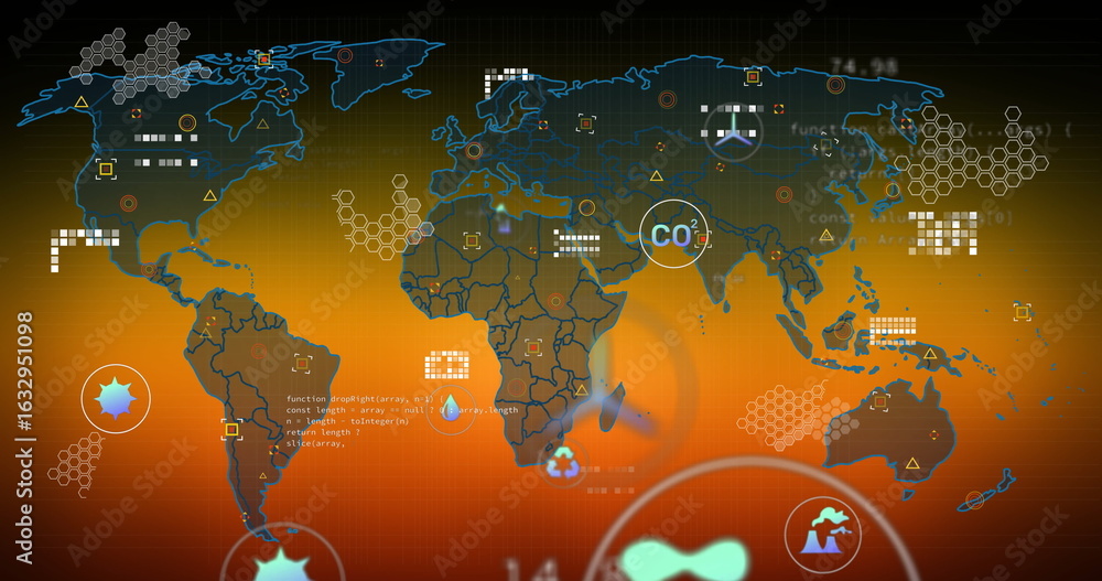 Poster displaying world map overlaying environmental metrics on digital dashboard interface with co2 label