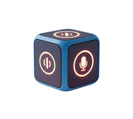 Blue cube shows icons with glowing effect. Isolated cut out on transparent PNG background for product or branding.