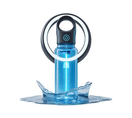 Blue bottle showcases water splash. Luminous circle with power button. Isolated cut out on transparent PNG background for product display, digital art, branding.