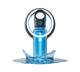 Blue bottle showcases water splash. Luminous circle with power button. Isolated cut out on transparent PNG background for product display, digital art, branding.