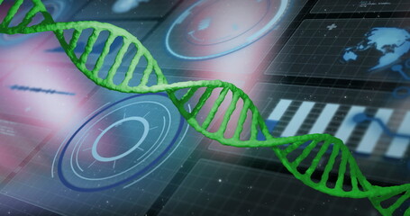 Displaying green DNA double helix floating across high tech interface with circular HUD graphics