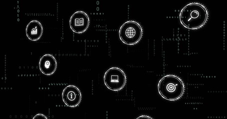 Floating magnifier icon drifting across screen with chart book globe, binary code and more icons