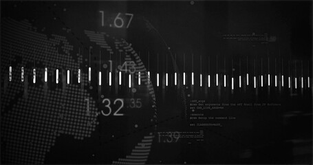 Displaying equalizer bar graph pulsating in virtual console, with dotted globe and numeric overlays