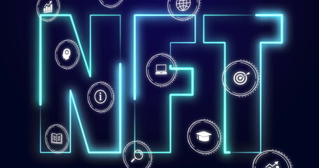 Glowing neon NFT letters shining on dark canvas, with circular icons for chart, laptop, brain, book