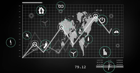 Displaying dashboard on screen showcasing world map grid with line graph, icons and numeric table