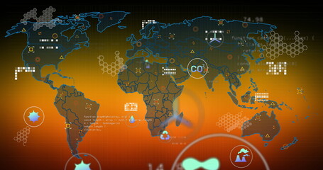 Displaying world map overlaying environmental metrics on digital dashboard interface with CO2 label