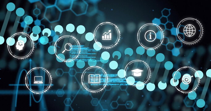 Displaying horizontal DNA helix in digital interface, with nine science and tech icons