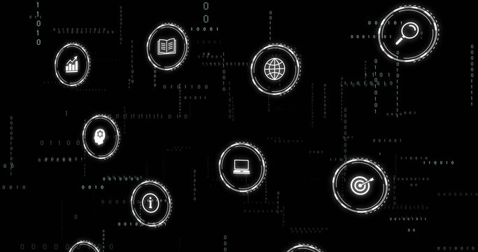 Floating magnifier icon drifting across screen with chart book globe, binary code and more icons - Powered by Adobe