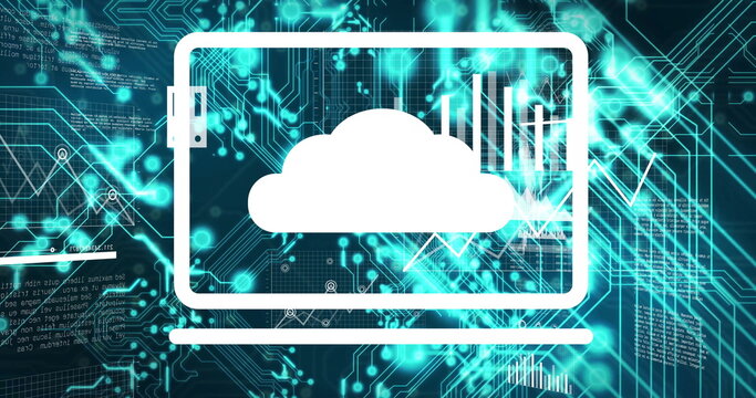 Showing laptop streaming cloud computing on digital interface, with bar chart and circuit traces