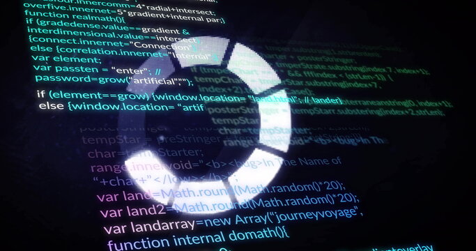 Spinning circular loading spinner overlaying code editor view, with scrolling JavaScript code text - Powered by Adobe