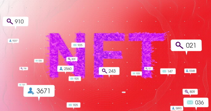 Displaying stylized purple NFT letters in digital space, with search, profile and envelope icons