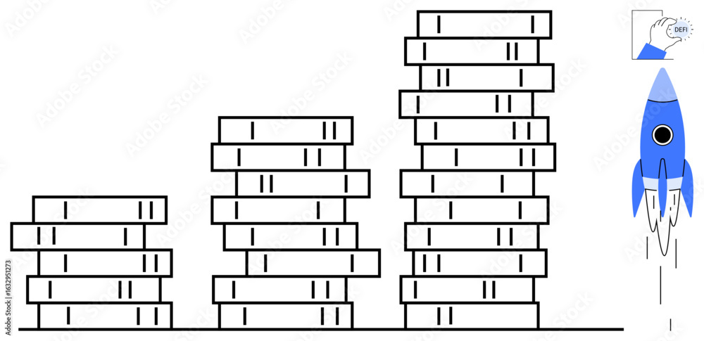 Poster stacked bar graph gradually increasing in height paired with a blue rocket taking off. ideal for gro