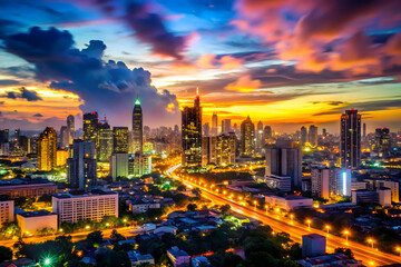Obraz premium Bright glowing lights of district in megapolis under dusk sky in evening on blurred background