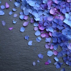 Delicate blue and purple flower petals scattered on a dark stone surface
