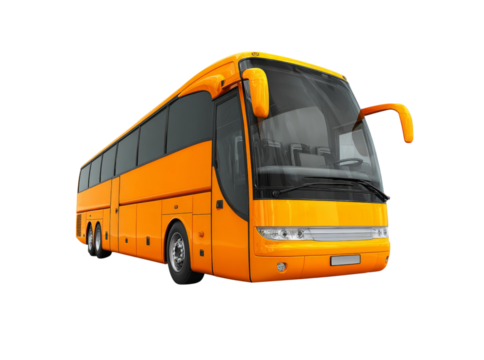 Modern orange coach bus transportation travel vehicle, Isolated On White, Transparent Background, Png Cut Out