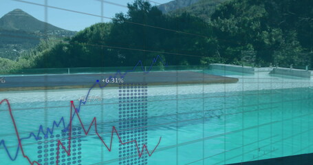 Displaying rectangular swimming pool reflecting chart overlays on hillside pool deck, with barrier