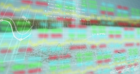 Displaying hologram stock tickers projecting onto concrete ground, with colored percent indicators