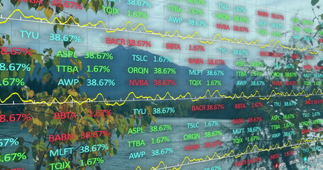 Displaying glass overlay showing data at waterfront, with tickers, line graphs and leafy branch