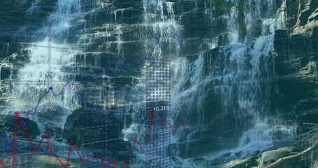 Cascading multi-tiered waterfall over rock ledges at forest cliff, with blue and red chart overlays