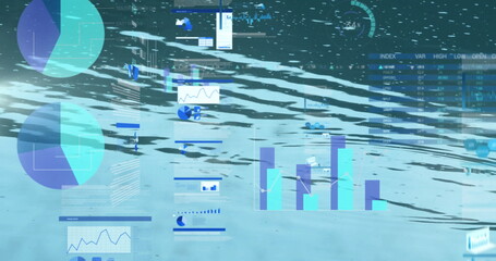 Composite data dashboard floating over virtual water surface, with pie charts and bar graphs