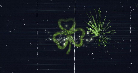 Glowing neon-green four-leaf clover shining in glitch sky with scanlines, firework burst, sparks © vectorfusionart