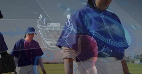 Holding red helmet, baseball player wearing blue jersey standing on field, with digital overlays