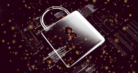 Rotating metallic padlock icon glinting in cyber space, with code snippets, charts and particles