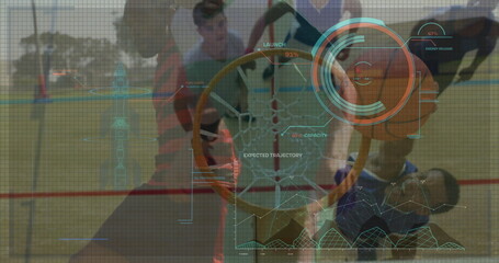 Dunking player in jersey gripping hoop with ball on outdoor court, with HUD tracking trajectory