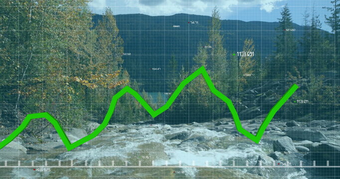 Fototapeta Whitewater rapids surging over boulders in mountain stream, with bright green zigzag data line