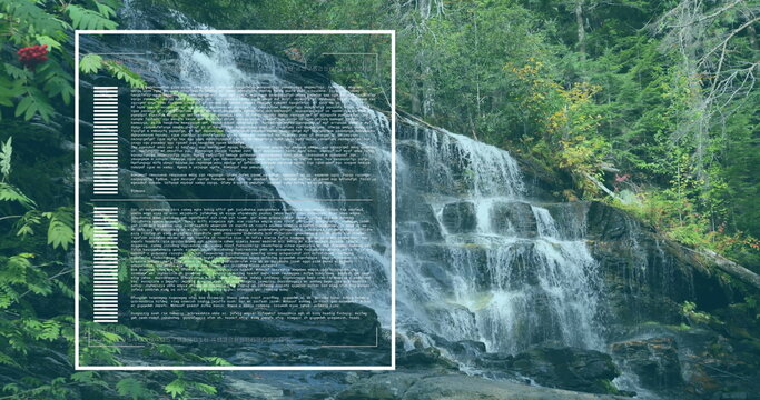 Fototapeta Cascading waterfall streaming over moss-covered rock tiers in forest gorge, with UI overlay