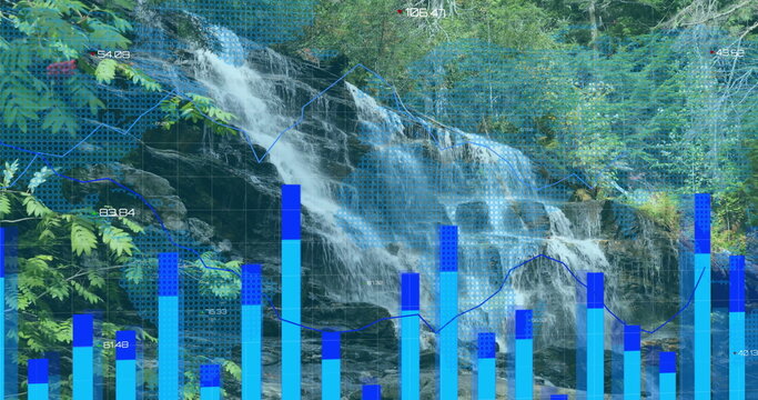 Fototapeta Streaming multi-tiered waterfall cascading over layered rock at forest, with blue bar chart overlay