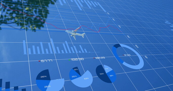 Flying small white airplane crossing open sky alongside tree foliage, with financial data overlays