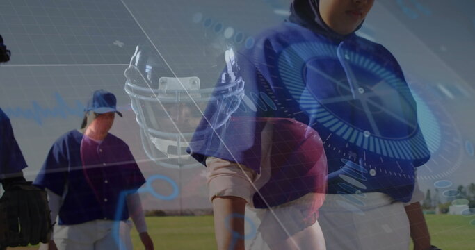 Holding red helmet, baseball player wearing blue jersey standing on field, with digital overlays