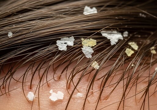 Close-up image showcasing dry scalp condition and visible dandruff flakes on hair strands