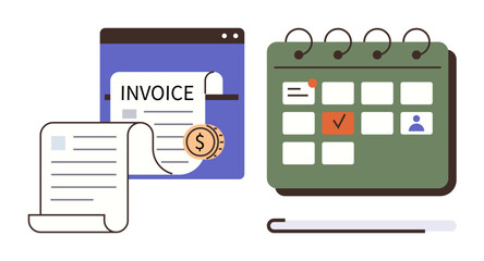 Invoice document beside online calendar with marked dates, financial coin icon. Ideal for finance, scheduling, business planning, billing, organization, time management budget tracking. Simple flat