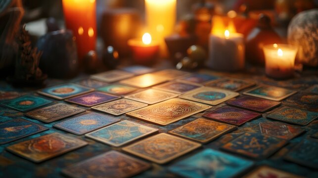 Tarot cards spread on table, candlelight, mystical atmosphere, fortune telling