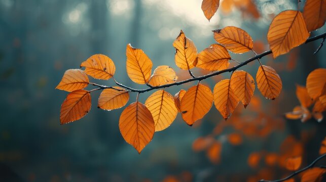 Autumn leaves branch, misty forest background, nature photography, seasonal design