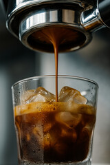 Close-up of fresh espresso being poured from a machine into a glass filled with ice, creating a chilled and refreshing coffee.