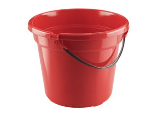 Red plastic bucket with handle cleaning supplies household container, Isolated On White, Transparent Background, Png Cut Out