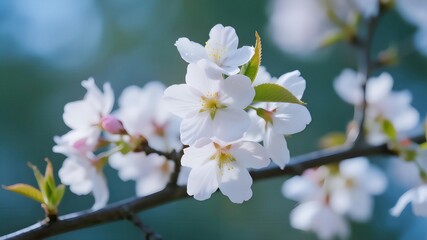 Obraz premium Close-up of delicate cherry blossoms on tree branches with a soft blurred background