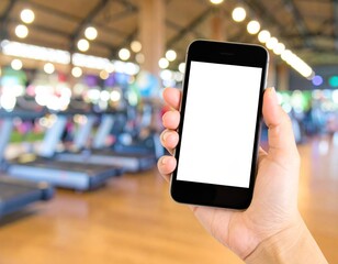 Hand Holding Blank Smartphone Mockup: Gym Background. Health, Wellness Apps & Modern Fitness Technology