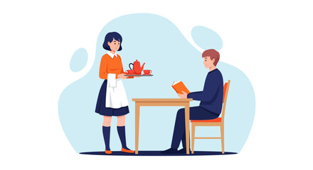 Vector art of a waitress serves a customer at a table in a cafe, the customer is reading a menu