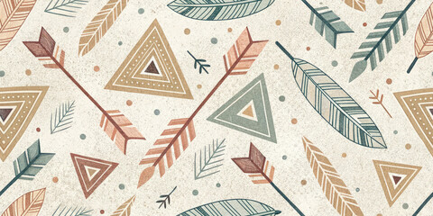 Obraz premium Chic tribal pattern with arrows, feathers, and geometric shapes in earthy tones, perfect for modern design