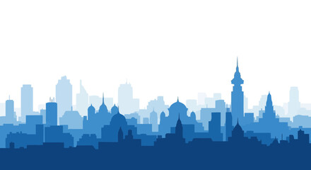 Naklejka premium Vector art of blue silhouette cityscape skyline with a mix of modern and traditional architecture, isolated on white background