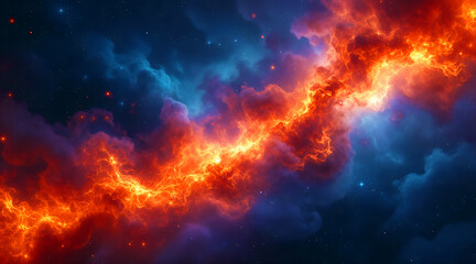 Fototapeta premium Vibrant cosmic nebula with fiery orange and electric blue hues illuminating deep space