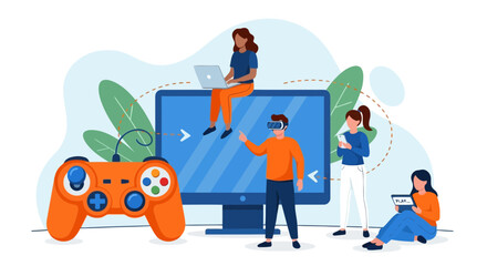 Vector art of people interacting with technology and virtual reality, featuring a gaming controller and computer screen, representing digital entertainment and innovation