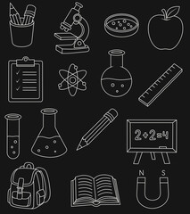 Illustration of school supplies, backpack, physics, chemistry, ruler, biology, atoms, microscope, books. Back to school. Drawn school elements for design.